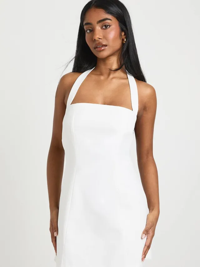 boohoo Dames Op maat gemaakte halternek A-lijn jurk Wit