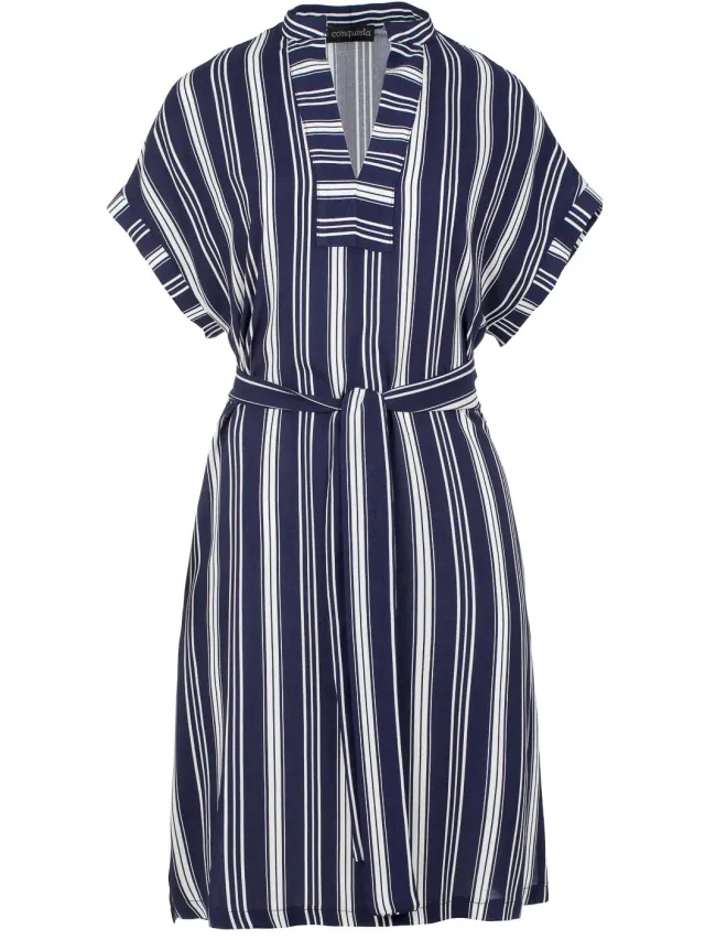Conquista Gestreepte mouwloze jurk met zijsplitten Blauw/Marineblauw