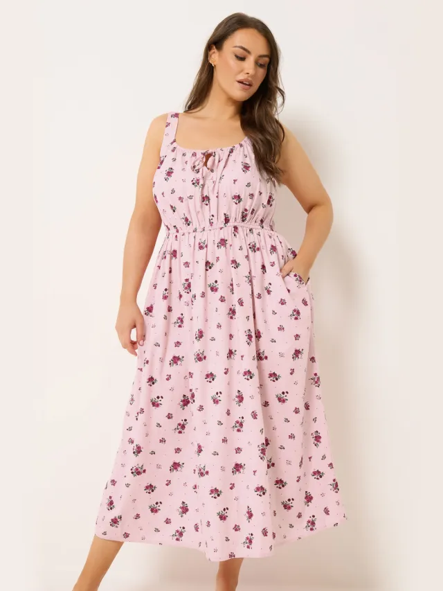 Yours Roze Linnen Jurk Met Bloemenprint In Melkmeisjestijl Pink