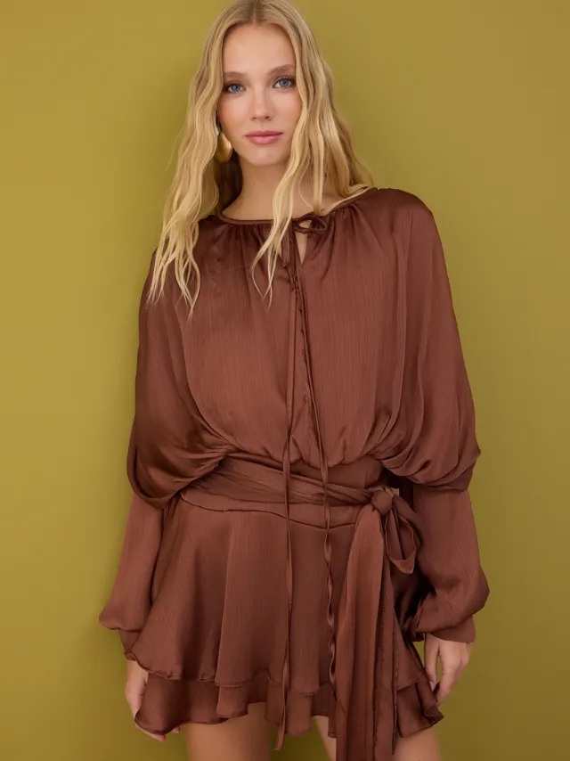 Trendyol TRENDYOLMİLLA Dames Bruin Effen Extra Kort / Super Mini Lang Stijlvol/Avond Skater Jurken