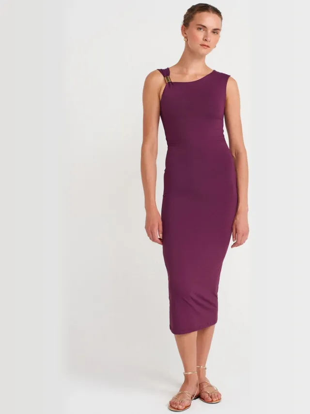 Dilvin Mouwloze Bodycon Midi Jurk met Accessoire Detail paars