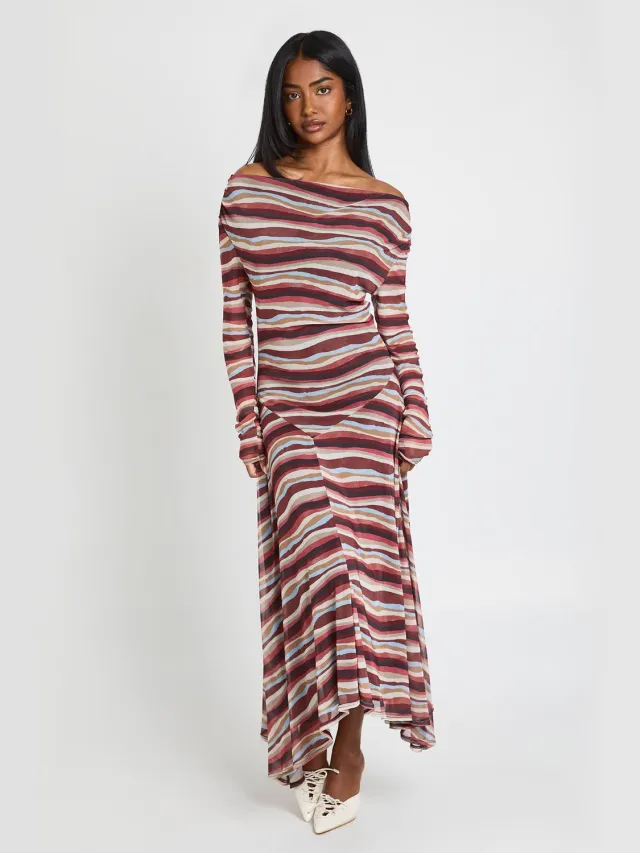 boohoo Dames Midaxi Jurk Met Tonale Strepen, Col-hals En Asymmetrische Zoom Blauw
