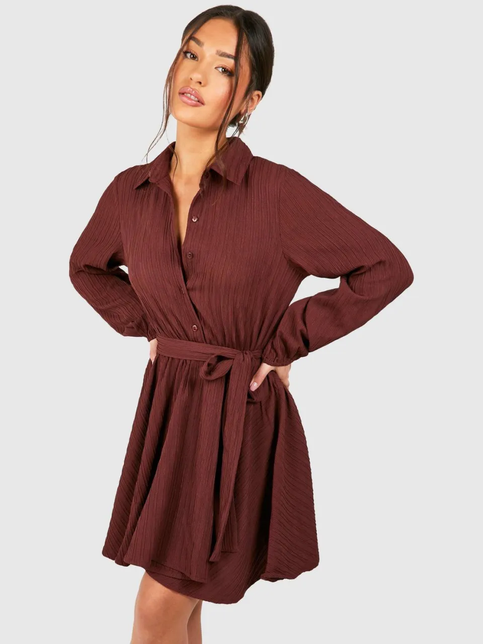 boohoo Dames Petite Crinkle Skater Shirtjurk chocoladebruin, foto 2