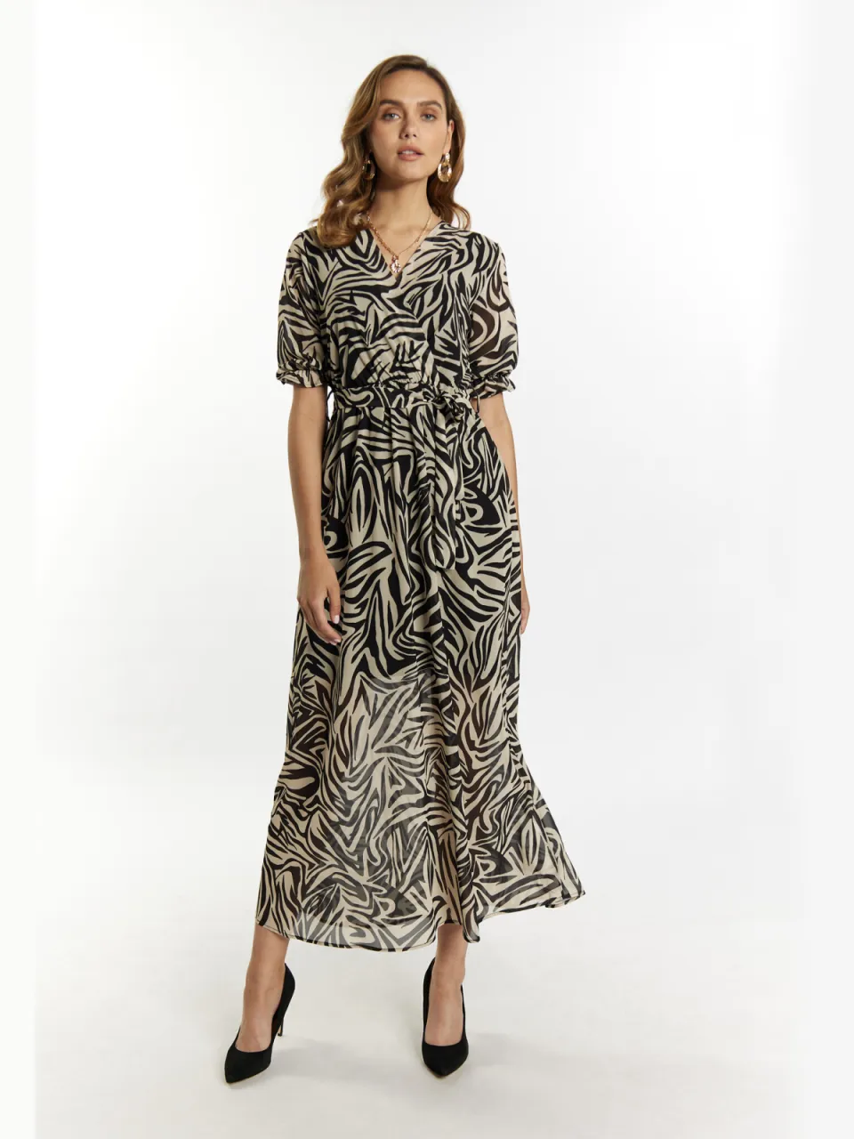 Faina Maxi-jurk met zebraprint Dames beige/ zwart Zwart/Gebroken wit