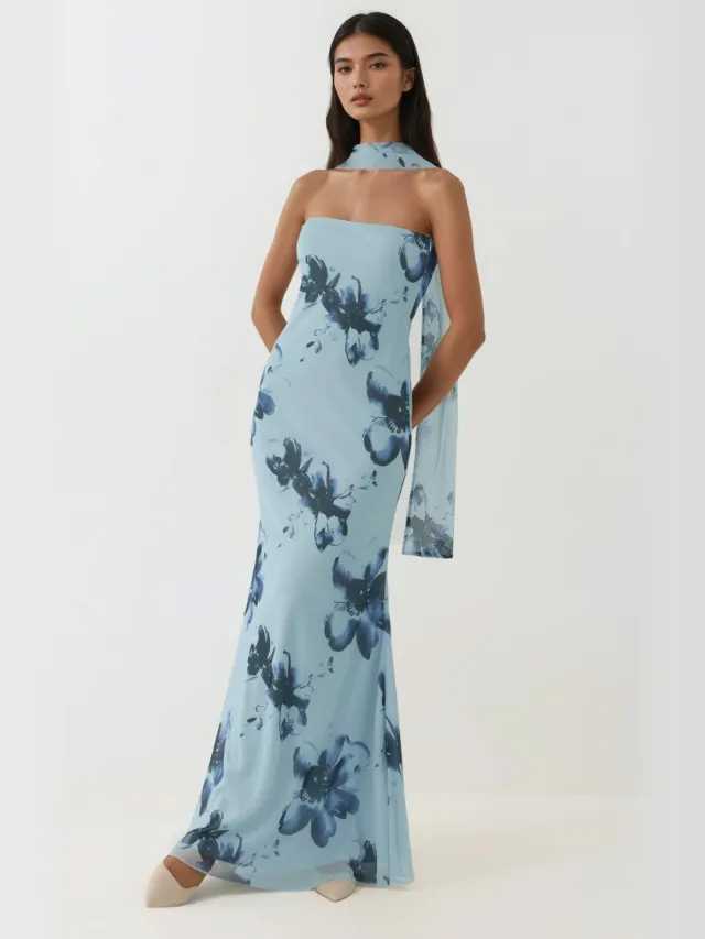 Hiccup Strapless Bloeiende Bodycon Maxi Jurk Lichtblauw
