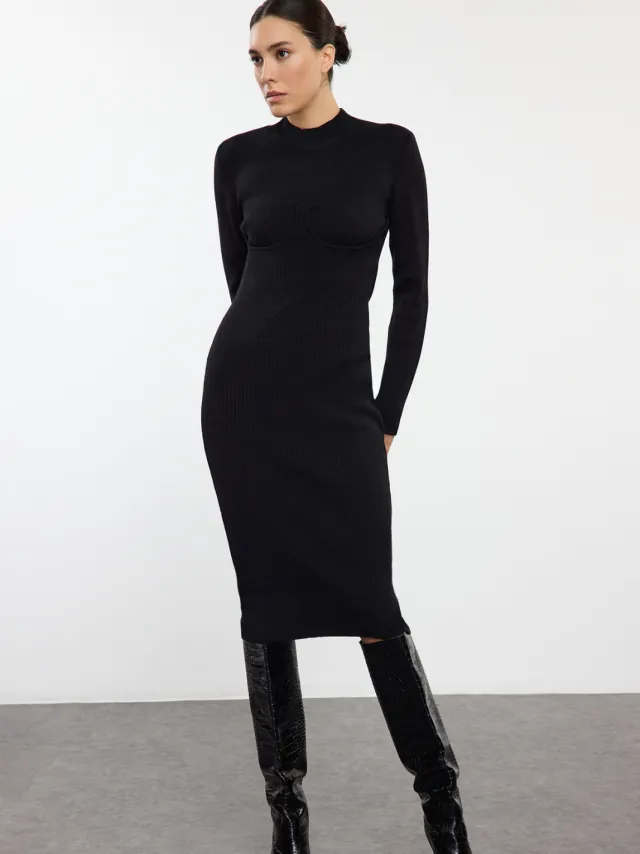 Trendyol TRENDYOLMİLLA Dames Zwart Effen Midi Lang Casual Bodycon Jurken