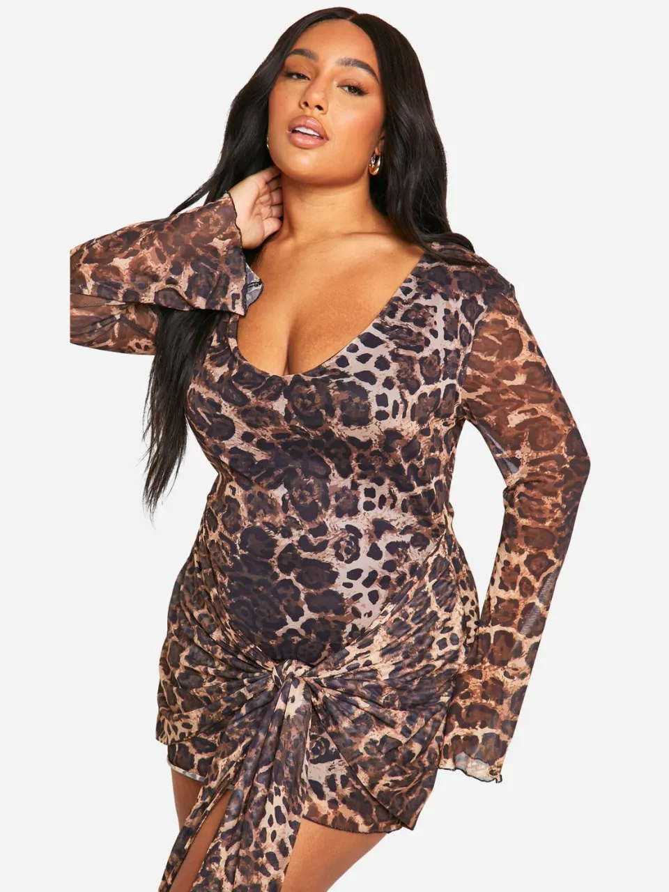 boohoo Dames Plus Luipaard Mesh Tie Mini Jurk luipaardprint, foto 5