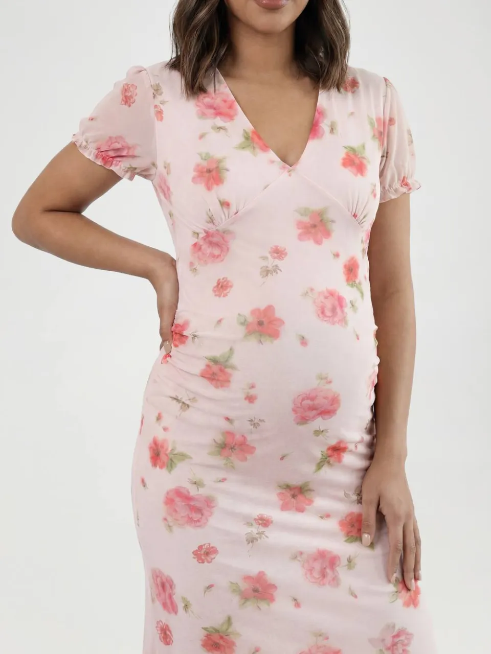 boohoo Dames Zwangerschaps Mesh Ditsy Midaxi Jurk baby roze, foto 2