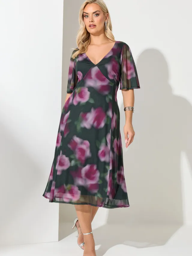 Yours London Groene Mesh Tea Dress Met Bloemenprint Green