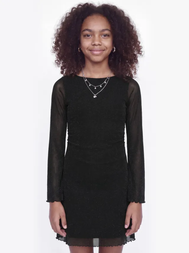 JJXX GIRL semi-transparante korte jurk met glitters - zwart