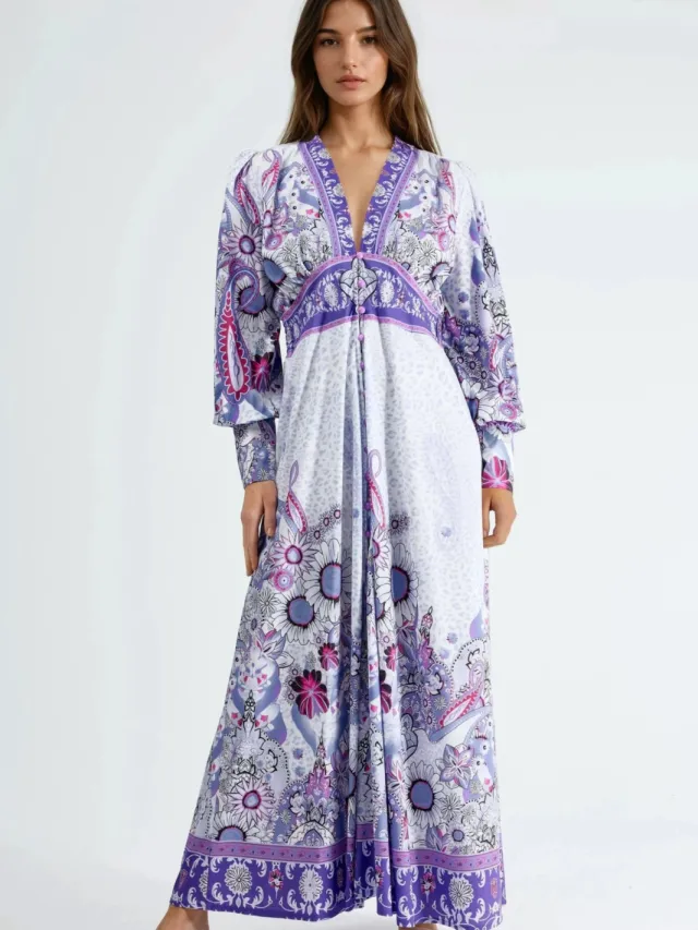 MSN Collection Bloemen Maxi-jurk met Paneelontwerp Naturel