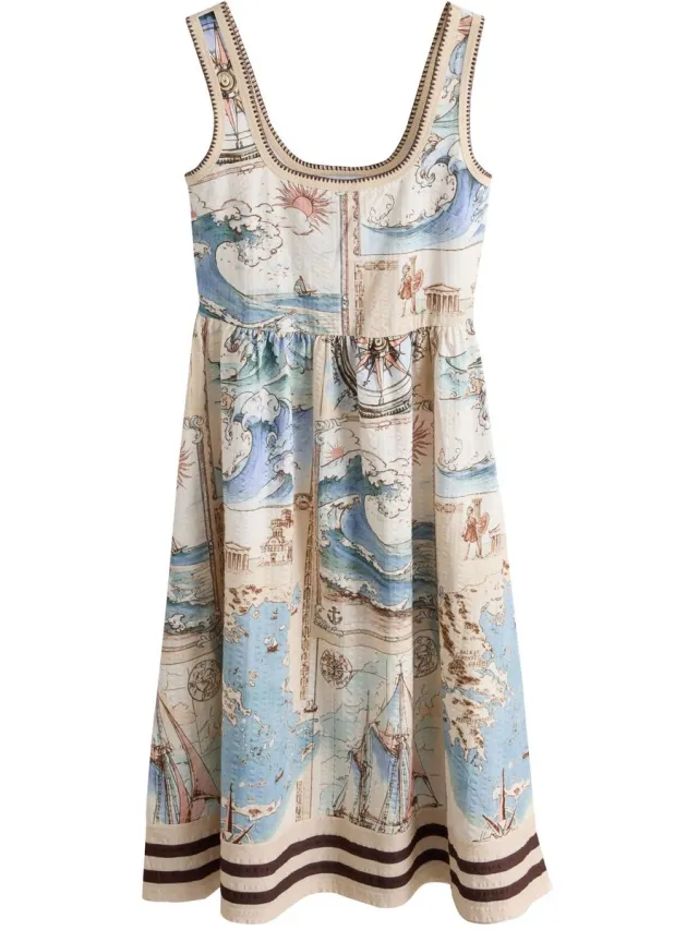 Next Dames - Jersey midi-zomerjurk - Crème Cream/Blue Map Print