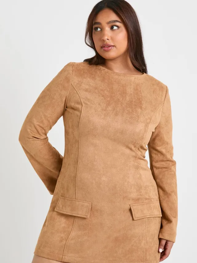 boohoo Dames Plus Synthetique A-lijn mini-jurk met uitlopende mouwen Camel