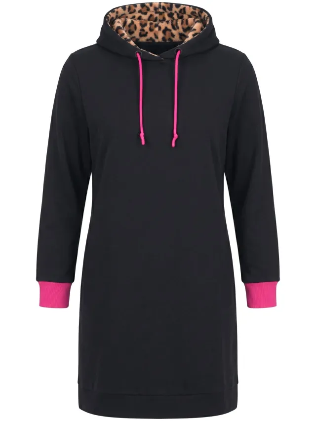Ulla Popken Dames - Sweatjurk luipaardprint capuchon lange mouwen - Zwart - Maat 50+