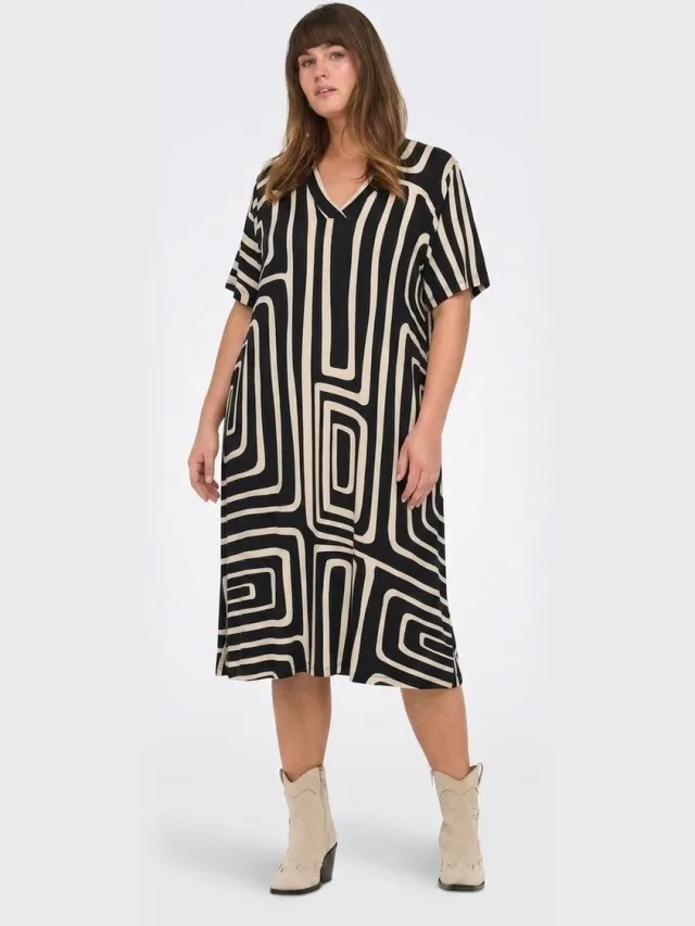 Only CARMAKOMA - CARFYRLA S/S V-NCK BLK AOP DRE NOOS - Dames - Mini jurken BLACK/Oatmeal Graphic