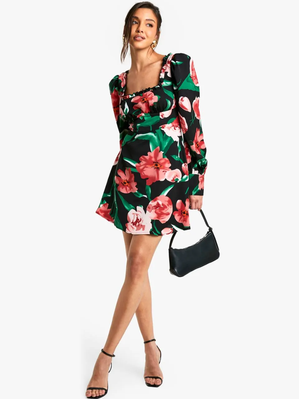 boohoo Dames Bloemige Corset Melkmeisje Mini Jurk zwart, foto 3