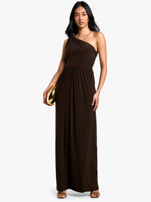 boohoo Dames Slinky Asymmetrische Maxi Jurk Chocoladebruin
