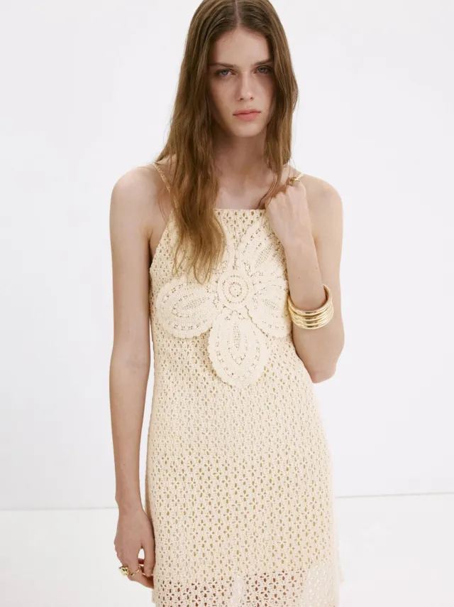 Mango korte gehaakte bohemian zomerjurk - beige