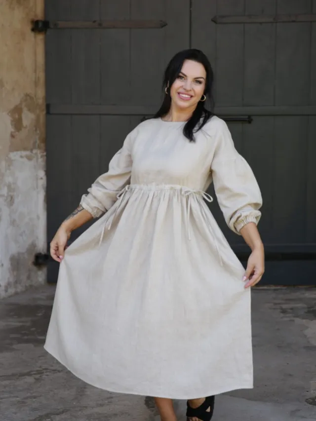 Amber Linen dames vegan Maxi Jurk Verona Lichtzand Beige
