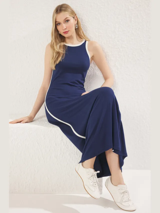 Trendyol TRENDYOLMİLLA Dames Donkerblauw Colorblock Maxi Mouwloos Casual Bodycon Jurken Marineblauw/Blauw