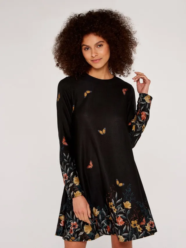 Apricot Swing-minijurk van gebreid stof met vlinder- en bloemenprint Zwart