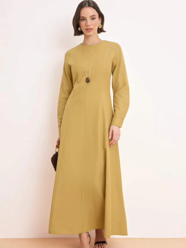 Trendyol Modest Dames Groen Effen Maxi Lang Skater Modest Jurken