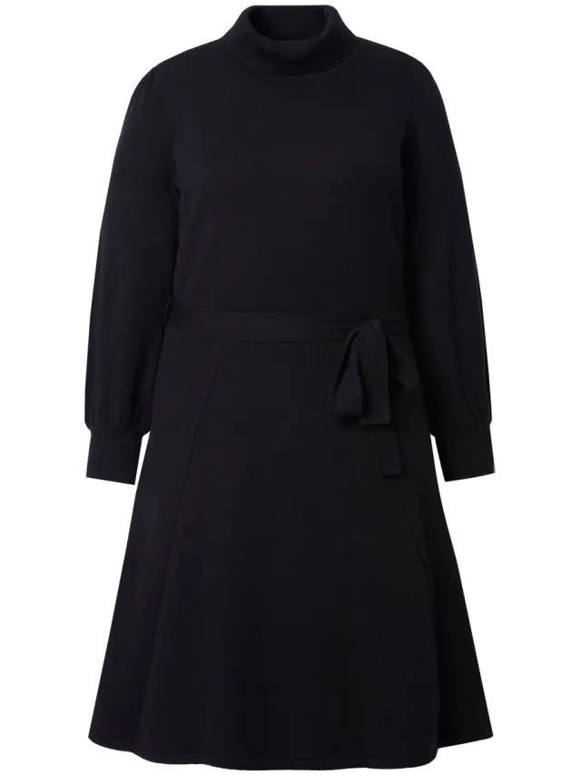 MIAMODA Dames - Gebreide jurk midilengte col ceintuur in de taille - Zwart - Maat 54+