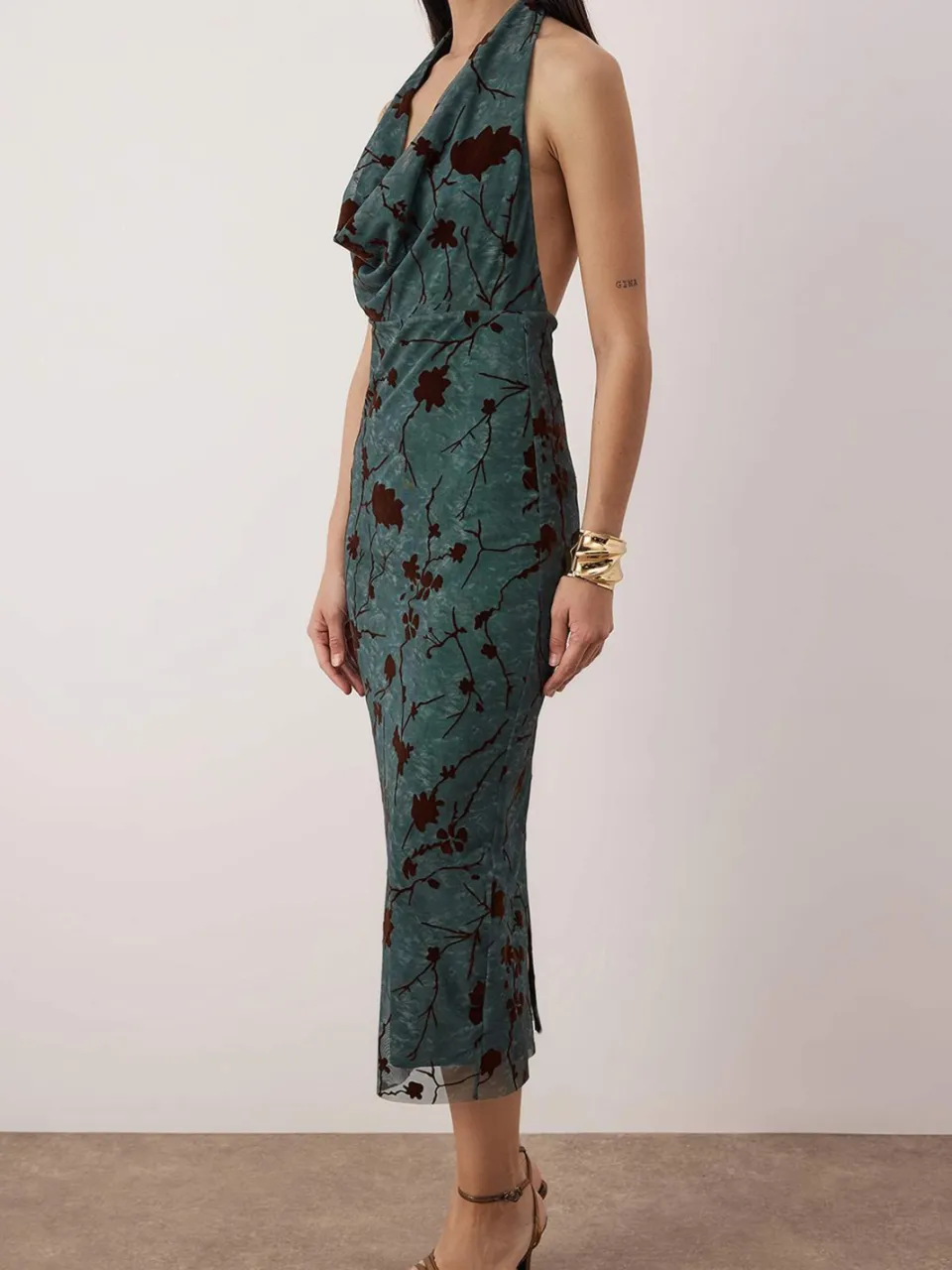 Trendyol TRENDYOLMİLLA Dames Groen Bloemen Midi Mouwloos Diploma-uitreiking / Gala Bodycon Jurken, foto 2