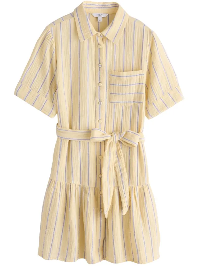 Next Dames - Seminal x Lindsey Cherek Waller shirtjurk met korte mouwen en strik in de taille - Tall - Geel Yellow/Blue Stripe