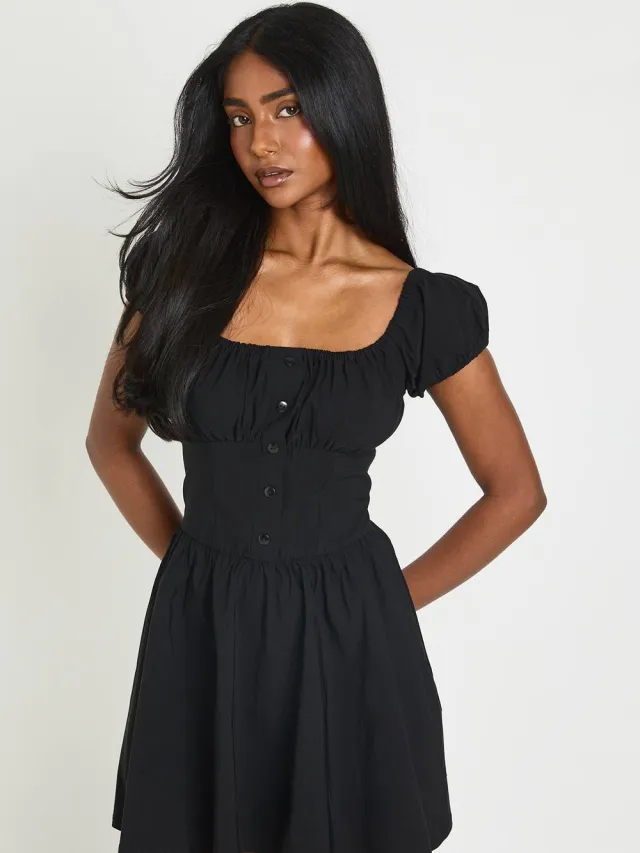 boohoo Dames Mini Jurk Met Volumineuze Mouwen En Melkmeisjeshals Zwart