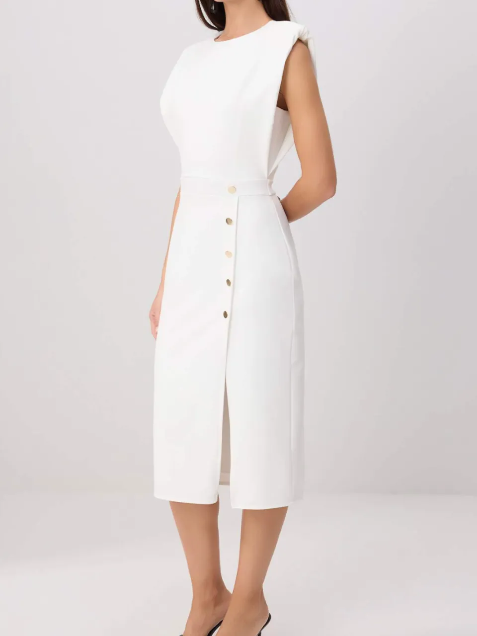 Trendyol TRENDYOLMİLLA Dames Ecru Effen Midi Mouwloos Bodycon Jurken, foto 2