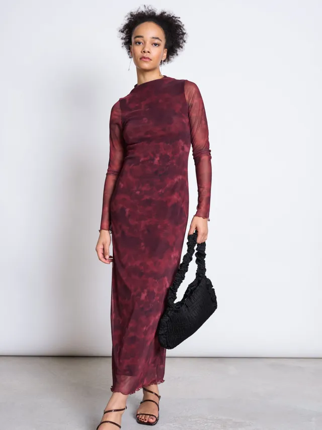 JAN N JUNE dames vegan Jurk Mesh Longsleeve Zaldi Carmine Curl Donkerrood