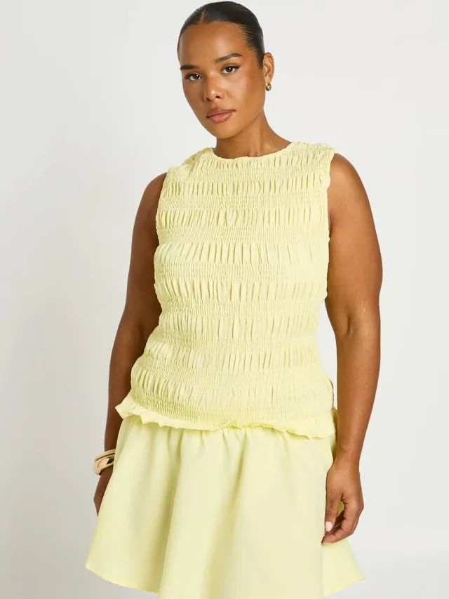 boohoo Dames Plus Gerimpelde Skater Jurk Met Racerhals Citroen