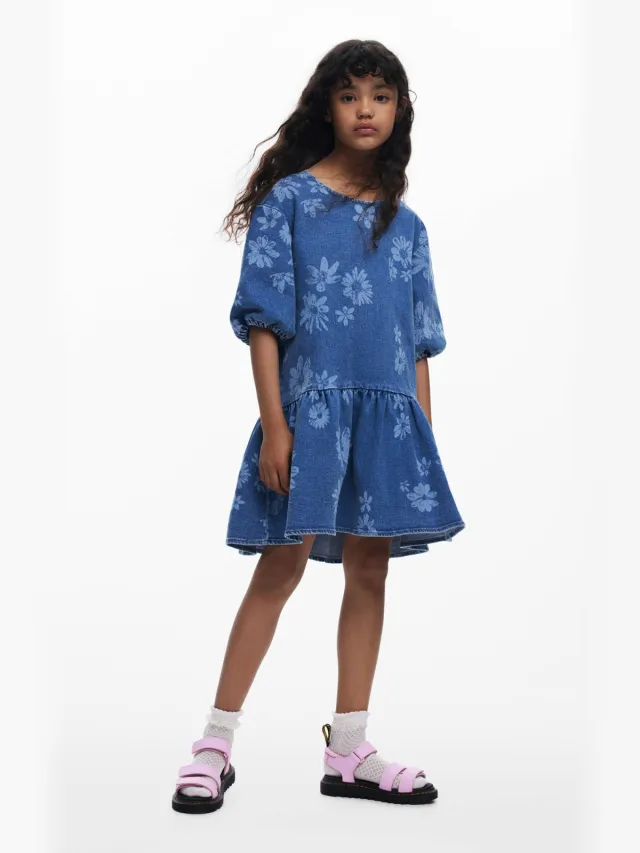 Desigual denim gebloemde A-lijn jurk medium blue denim