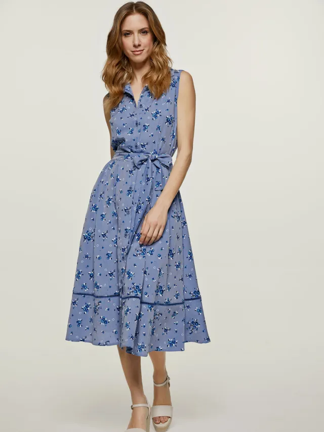 Conquista Indigo bloemen jurk met knoopdetail Indigoblauw