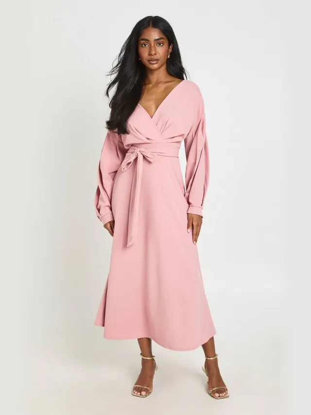 boohoo Dames Midi-jurk Met Wikkelmodel En Off-shoulder Design Roos