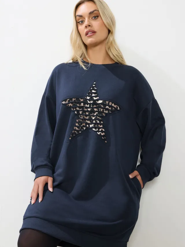 Yours Marineblauwe Luipaardsterren Sweatshirtjurk-60 Blue