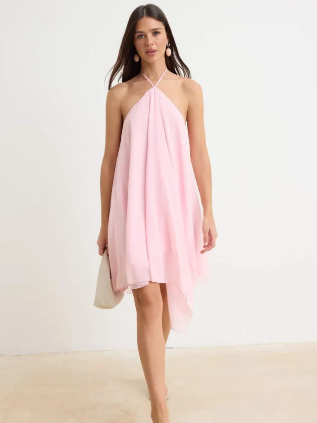 Trendyol TRENDYOLMİLLA Dames Roze Effen Kort / Mini Mouwloos Asymmetrisch Jurken