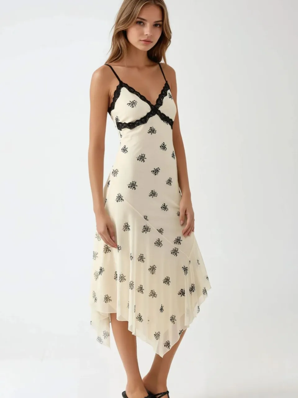 Hiccup V-hals Gedrukte Bodycon Maxi Jurk met Kantdetails wit, foto 2