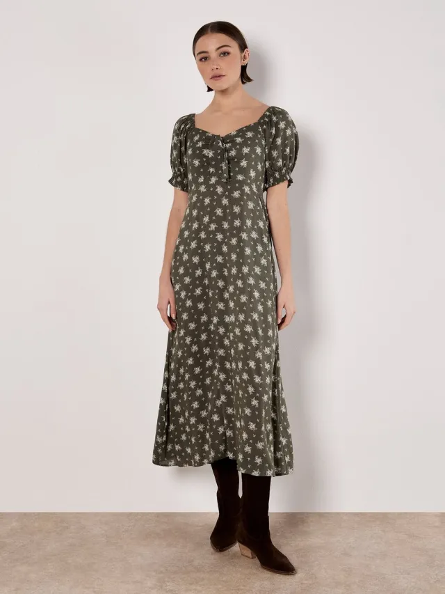 Apricot Maxi-jurk met bloemenprint en melkmeisjesmodel Kaki