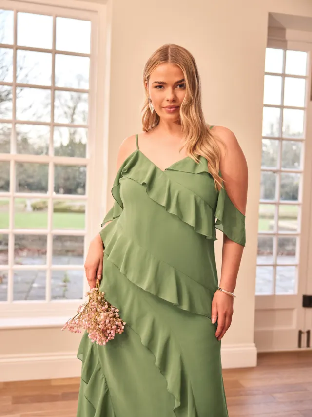 Yours London Maxi Jurk Met Ruches En Blote Schouders In Olijfgroen Green