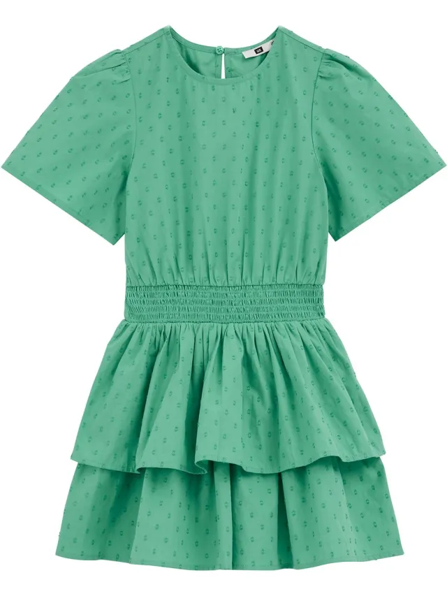 WE Fashion Meisjes jurk met structuur en smokdetail Sea ​​green