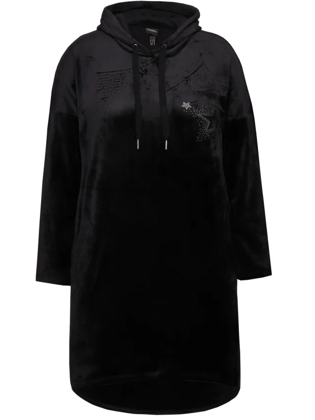 Ulla Popken Dames - Loungewear nicky-jurk capuchon lange mouwen gerecycled - Zwart - Maat 50+