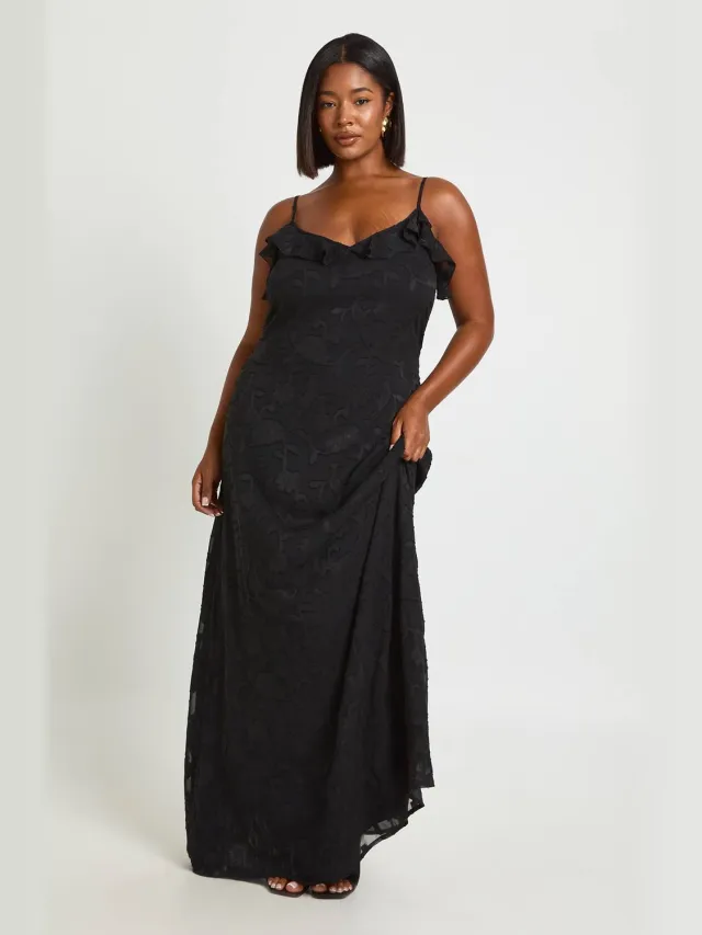 boohoo Dames Plus Burnout Ruffle Slip Maxi Jurk Zwart