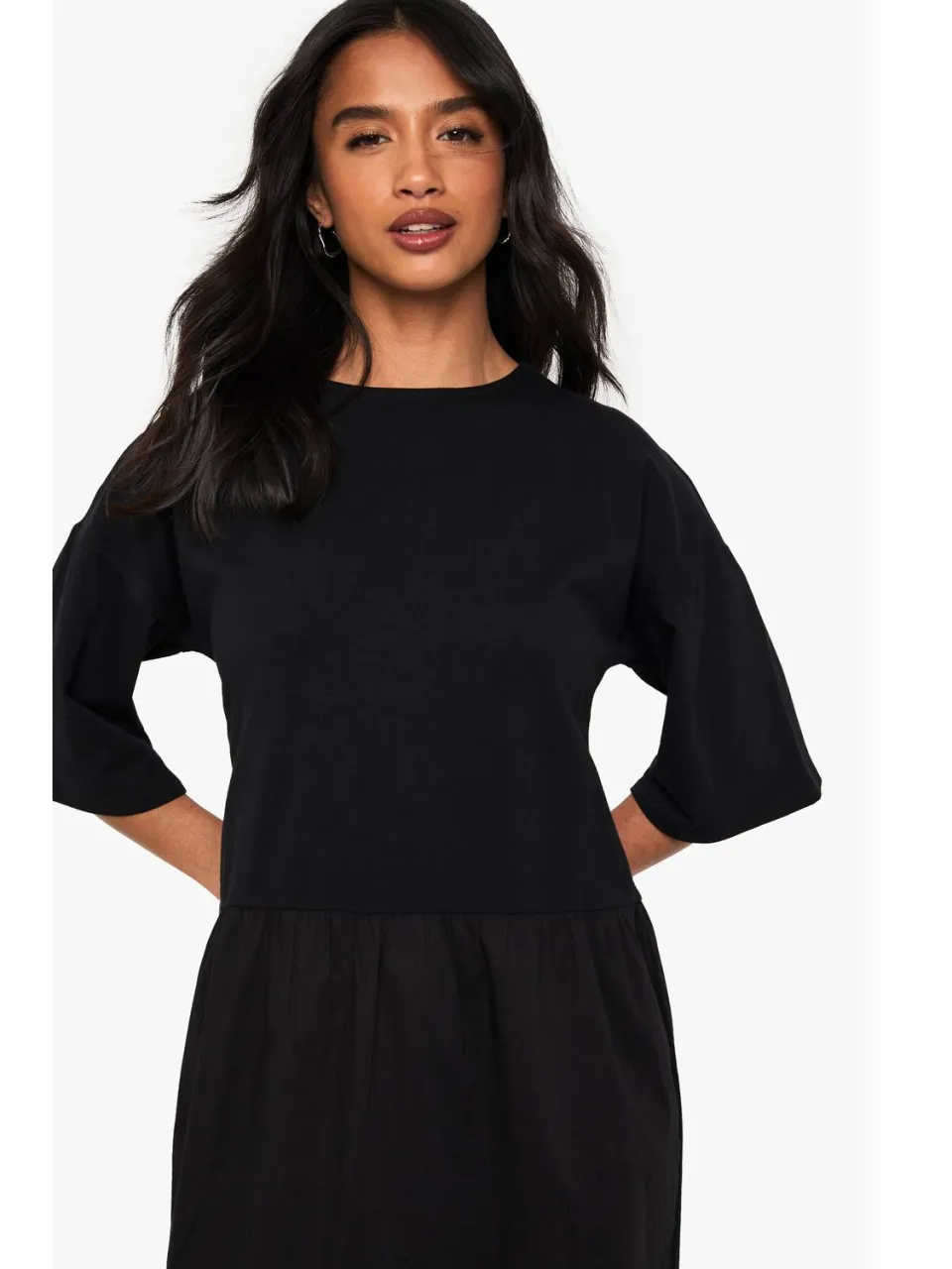 boohoo Dames Petite Jersey Katoenmix Smockjurk zwart, foto 2