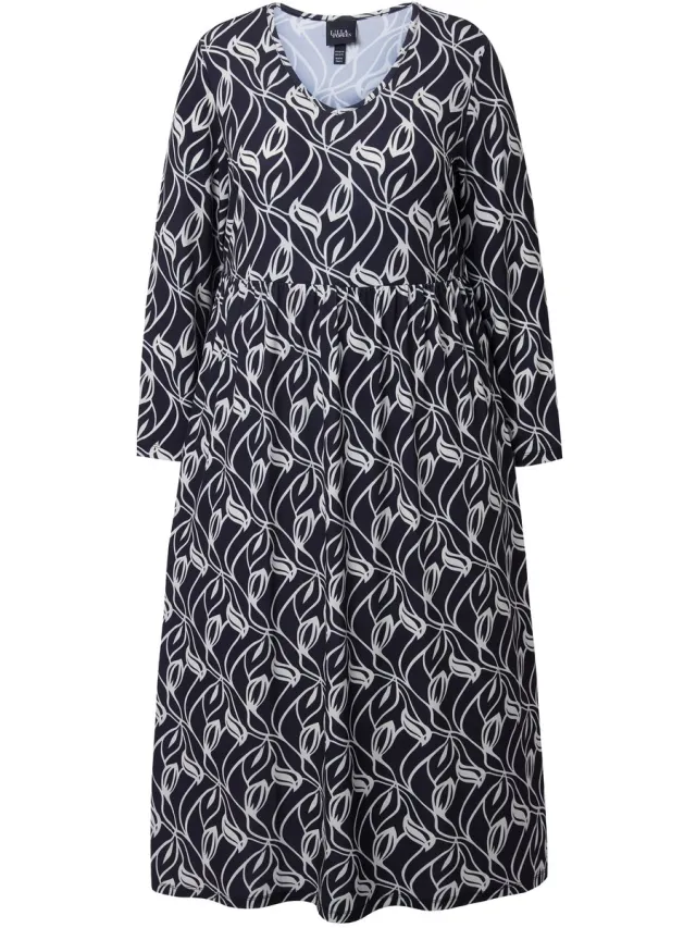 Ulla Popken Dames - Maxi-jurk A-lijn V-hals lange mouw zakken - Zwart - Maat 50+