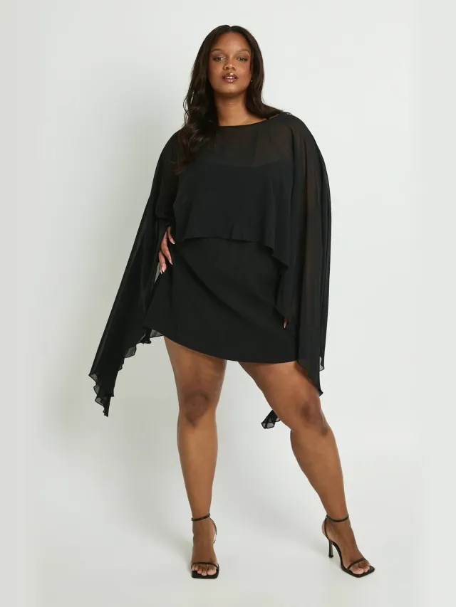 boohoo Dames Plus Chiffon Cape Gestructureerde Corset Mini Jurk Zwart