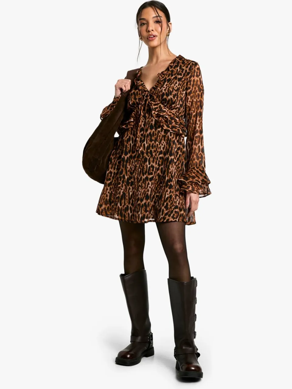 boohoo Dames Leopard Pof Mouw Mini Jurk bruin, foto 3