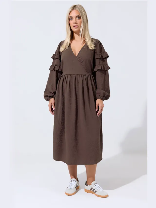Limited Collection Bruine Gestructureerde Ruffle Jurk Brown