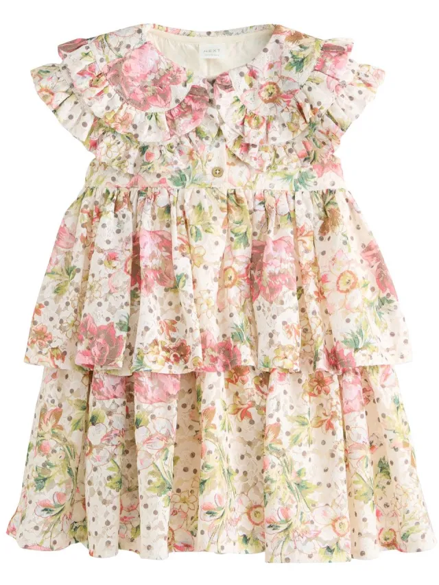 Next Meisjes - Mouwloze jurk met kanten kraag en gelaagde rok - Crème Floral